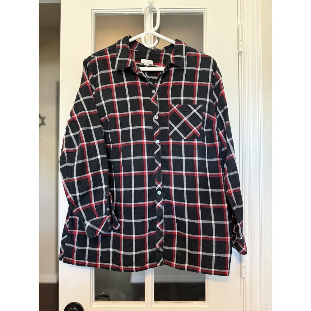 J.Jill Women’s 1X Plaid Button-Front Shirt – Black Red Gray 100% Cotton